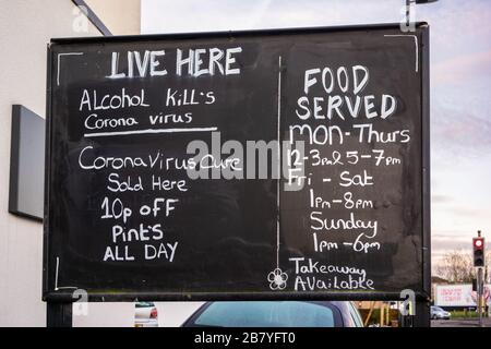 Coronavirus spoof joke on a sign outside a pub in Southampton England, UK Stock Photo