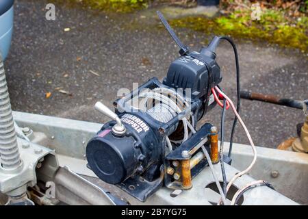 18 March 2020 A 1.95 hp Warrior Ninja winch mounted on a large motor vehicle trailer owned by a local scrap merchant in Bangor Northern Ireland Stock Photo