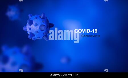 COVID-19 coronavirus concept, 3d illustration. COVID disease theme on blue background. New SARS-CoV-2 corona virus global outbreak. Banner with COVID1 Stock Photo