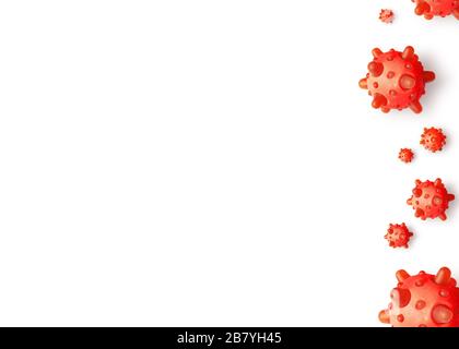 COVID-19 coronavirus theme for background, 3d illustration. SARS-CoV-2 coronavirus global outbreak. Banner with red corona viruses isolated on white b Stock Photo