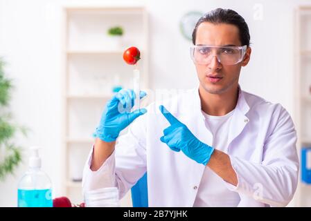 Young nutrition expert testing food products in lab Stock Photo