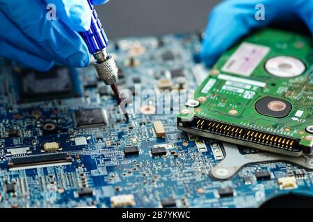 Technician repairing micro circuit main board computer electronic technology : hardware, mobile phone, upgrade, cleaning concept. Stock Photo