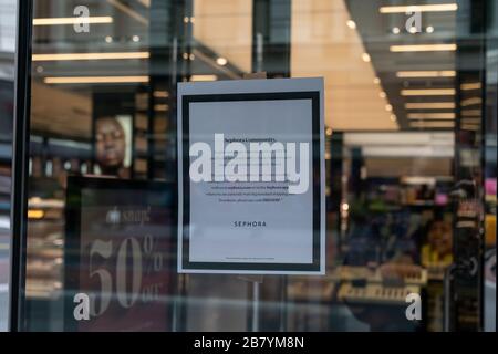 New York, NY - March 18, 2020: Sephora cosmetics store on 34th street closed due to ongoing coronavirus cases and fears Stock Photo