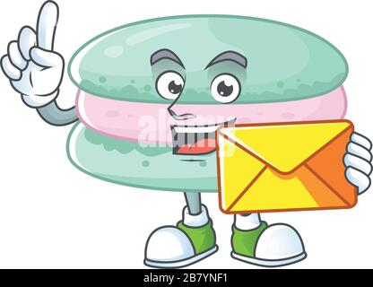 Cute face vanilla blue macarons mascot design holding an envelope Stock Vector