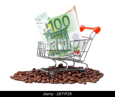 Euro banknotes in shopping cart on coffee beans. import export concept. Stock Photo