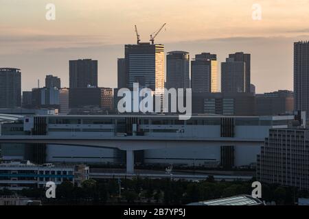 Panoramic modern city skyline bird eye aerial view of Tokyo bay in the dawn Stock Photo