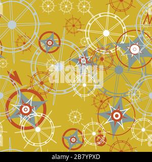 Vector Compass Rose and Ship Steering wheel seamless pattern background surface pattern design repeat Stock Vector
