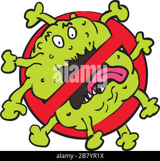 Cartoon style illustration of a sign or symbol that says ban, stop coronoavirus or  COVID-19 being stamp out and prohibited on isolated white backgrou Stock Vector