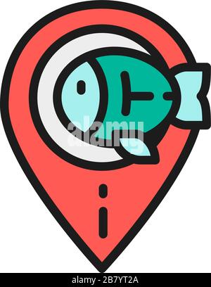 Fishing spot, fish location line icon. Isolated on white background