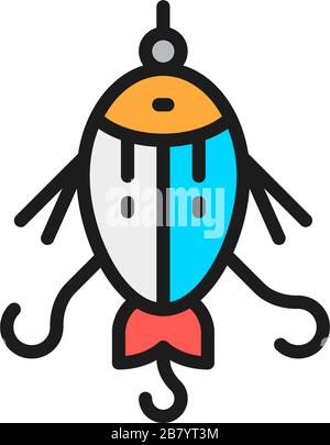 Fishing bait, float, lure, fish with hook flat color line icon. Stock Vector