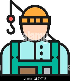 Fisherman with fishing rod flat color line icon. Stock Vector