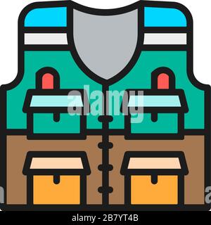 Vest with pockets, fishing jacket flat color line icon. Stock Vector
