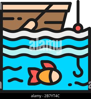 Fishing on boat flat color line icon. Stock Vector