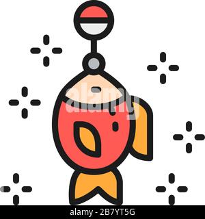 Fish on hook, fishing bait, lure flat color line icon. Stock Vector