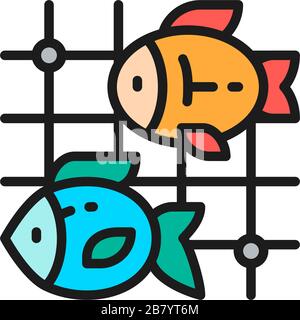 Fish in fishing nets flat color line icon. Stock Vector