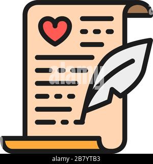 Wedding certificate, marriage contract flat color line icon. Stock Vector