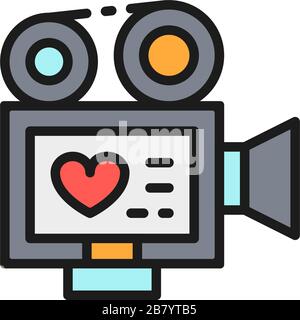 Movie camera with film strip, video of love story, wedding flat color line icon. Stock Vector