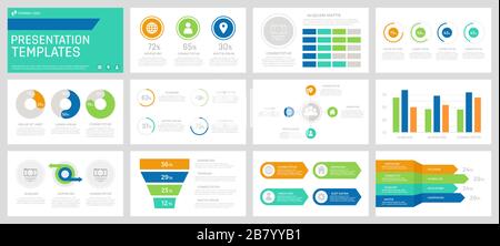 Set of orange, green, turquoise and blue elements for multipurpose presentation template slides with graphs and charts. Stock Vector