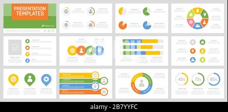 Set of yellow, green, blue and orange elements for multipurpose presentation template slides with graphs and charts. Stock Vector