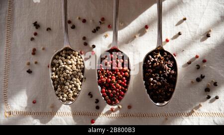 Different peppers and pink berries in spoons Stock Photo