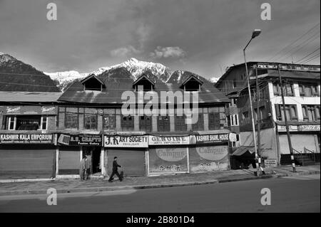 Market road shops, Pahalgam, Kashmir, Jammu and Kashmir, India, Asia Stock Photo