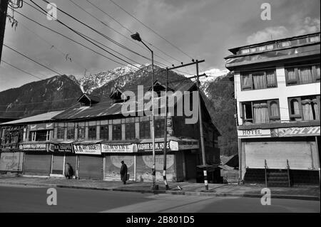 Market road shops, Pahalgam, Kashmir, Jammu and Kashmir, India, Asia Stock Photo