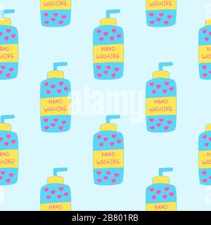 Vector seamless pattern with soap bottle with hand washing text. Poster about hygiene. Restroom or bathroom print, toilet quote. Safety measure against viruses and bacteria Stock Vector