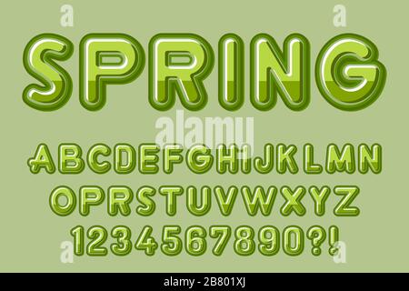 Modern 3D green Alphabet Letters, Numbers and Symbols. Spring Typography . Vector Stock Vector