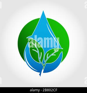 In a drop of water, two leaves of a plant are cut out on the background of a circle, a symbol of ecology. Logo, logo, or sticker for websites and apps Stock Vector