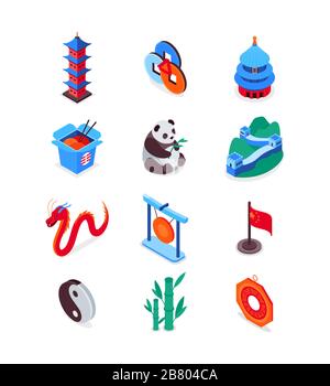 Chinese symbols - modern colorful isometric icons set Stock Vector