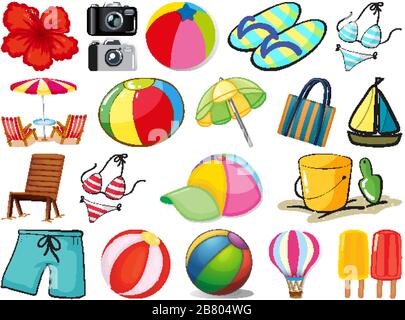 Large set of different summer objects on white background illustration Stock Vector