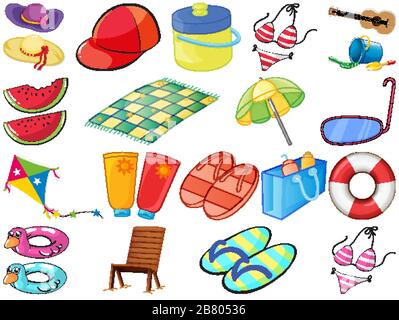 Large set of different summber items on white background illustration Stock Vector