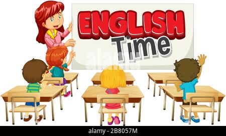 Font design for word english time with teacher and students in class illustration Stock Vector