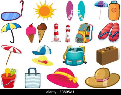 Large set of different summer objects on white background illustration Stock Vector