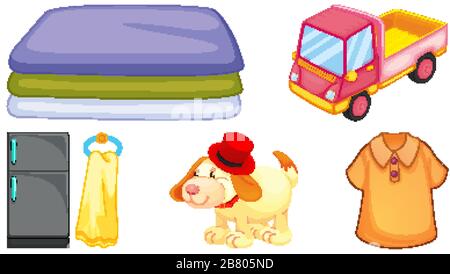 Set of toys and other items on white background illustration Stock Vector