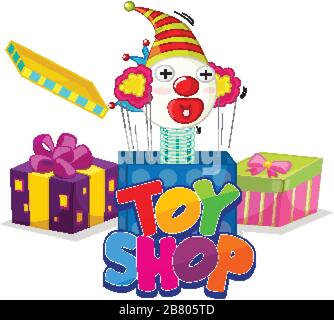 Font design for word toy shop with jack in the box illustration Stock Vector