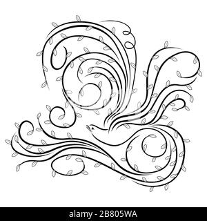 Abstract beautiful bird whose wings and tail are made as long wavy lines with leaves, black outline isolated on the white background Stock Vector