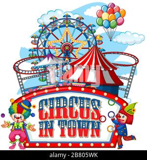 Font design for word circus in town with clowns in the circus illustration Stock Vector