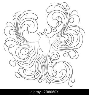 Beautiful bird whose wings and tail are made as long wavy lines, black outline isolated on the white background Stock Vector