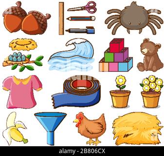 Large set of different items on white background illustration Stock Vector