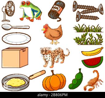 Large set of different food and other items on white background illustration Stock Vector