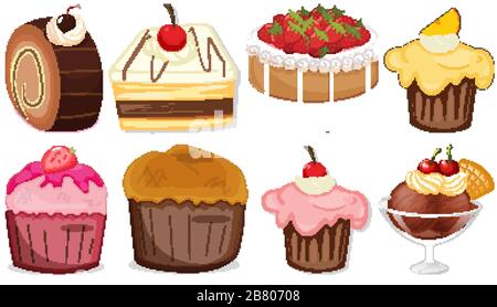 Big set of different menu for desserts on white background illustration Stock Vector