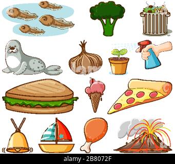Large set of different food and other items on white background illustration Stock Vector