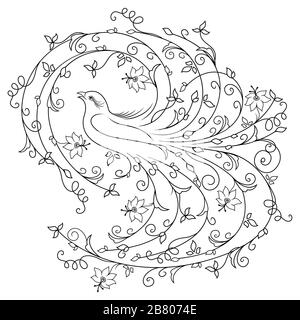 Black outline of beautiful bird whose wings and tail with leaves and flowers, illustration isolated on the white background Stock Vector