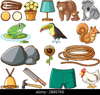 Set of many animals and construction tools on white background illustration Stock Vector