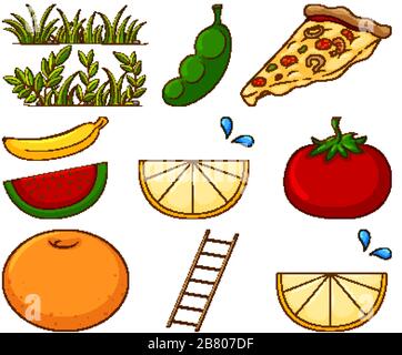 Large set of different food and other items on white background illustration Stock Vector