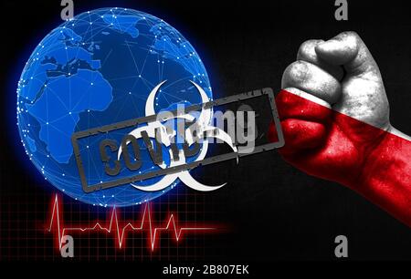 A new coronavirus disease called Covid-19 in Poland, with a male fist shown and a country flag. Coronavirus disease control concept in countries aroun Stock Photo