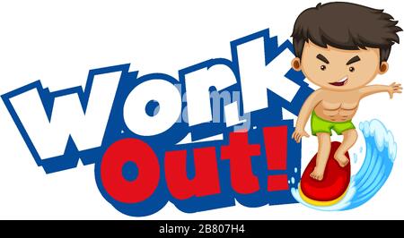 Font design for word work out with kid doing exercise illustration Stock Vector