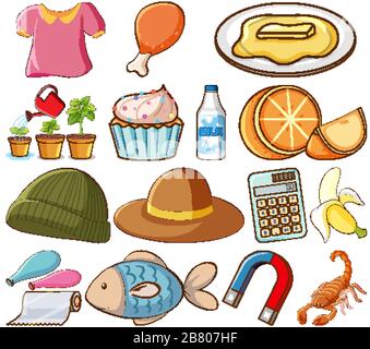 Large set of different animals and other objects on white background illustration Stock Vector