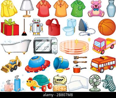 Large Set of Household Items and Many Toys on White Background Stock Vector  - Illustration of household, fork: 176113225